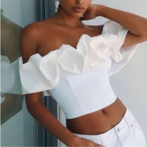 Dynamite White Off the Shoulder Ruffle Crop Top Size XS Going Out Bridal